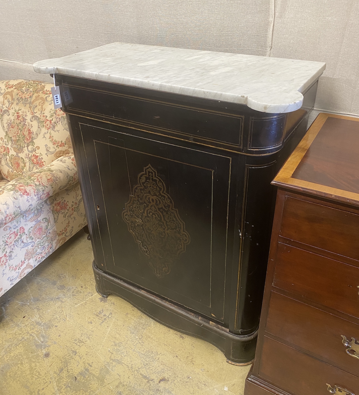 A 19th century French brass inlaid marble topped ebonised pier cabinet, width 87cm, depth 42cm, height 105cm